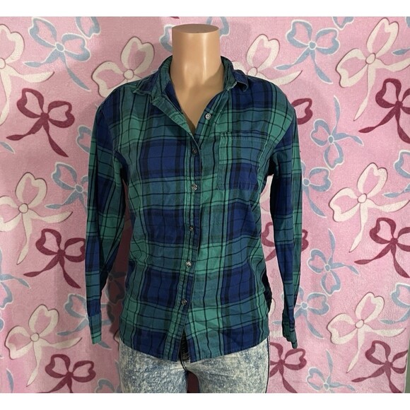 Y2k Old Navy Boyfriend Flannel Blue Green Plaid Size Small 07/14 - Picture 1 of 9